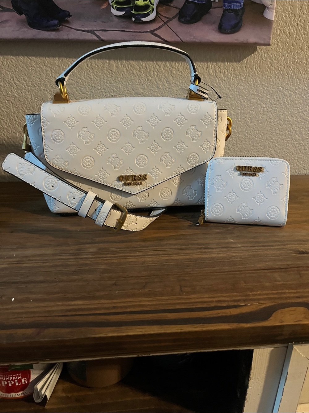 GUESS White Embossed Logo Crossbody with Gold Accents and wallet